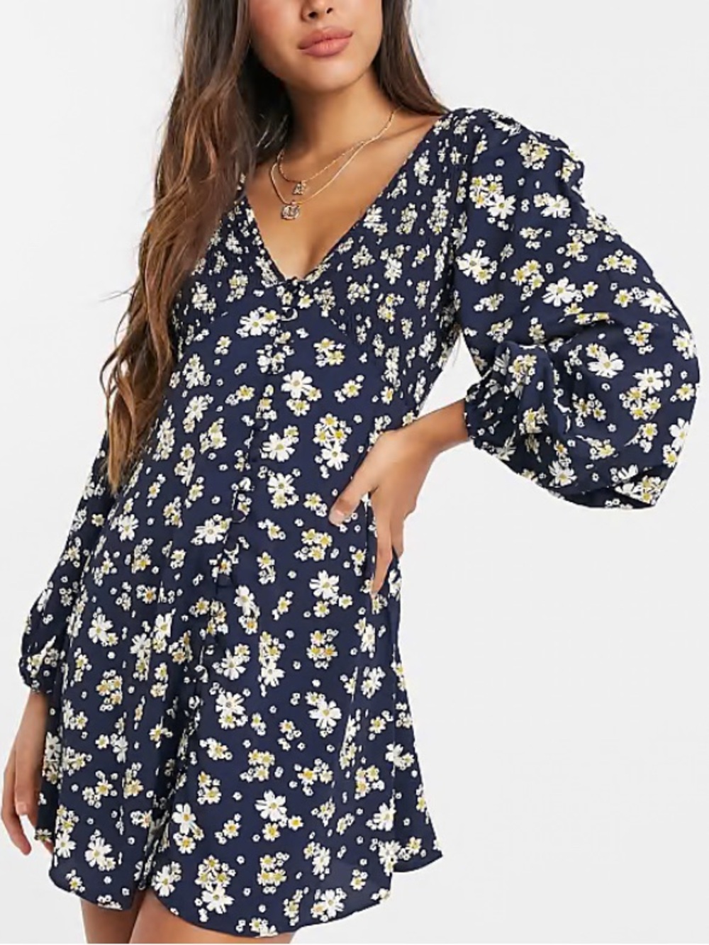 ASOS Navy Floral V-Neck Mini Dress with Puff Sleeves - Size Small (4)
